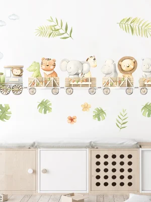 Cartoon Cute Train Lion Elephant Tiger Wild Animals Wall Stickers