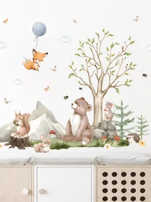 Cartoon Cute Bear Rabbit Fox Tree Animal Removable Wall Stickers