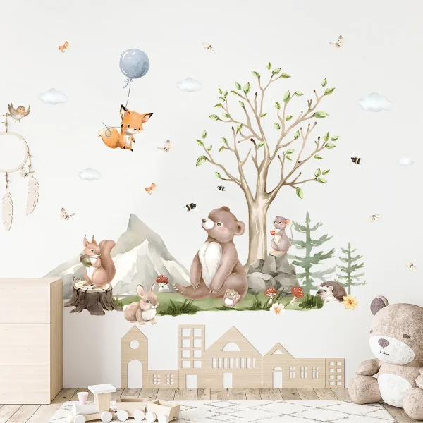 Cartoon Cute Bear Rabbit Fox Tree Animal Removable Wall Stickers