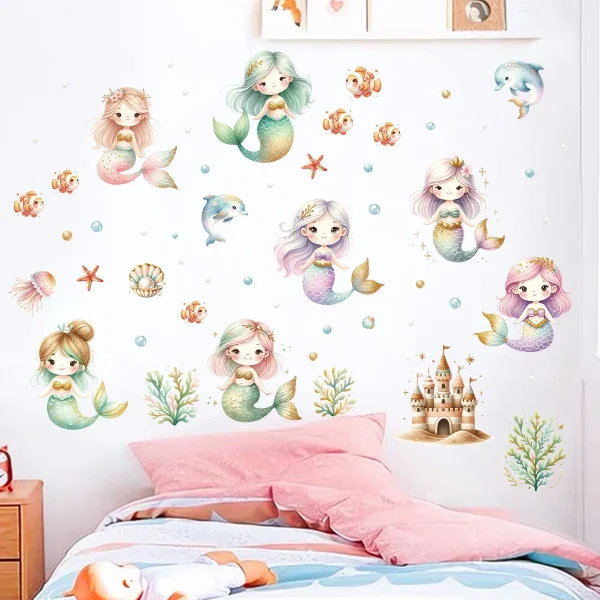 1Pc Cartoon Ocean Cute Mermaid Wall Stickers