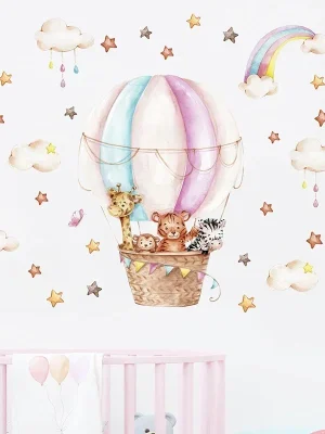 Watercolor Pink Hot Airballoon Cute Animals Cloud Rainbow Wall Sticker