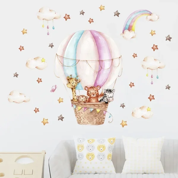 Watercolor Pink Hot Airballoon Cute Animals Cloud Rainbow Wall Sticker