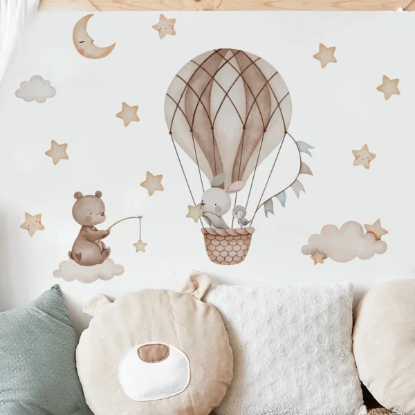 Cartoon Hot Air Balloon Animals Bear Rabbits Wall Stickers