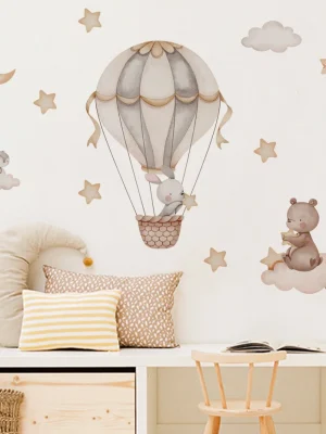 Cartoon Hot Air Balloon Animals Bear Rabbits Wall Stickers