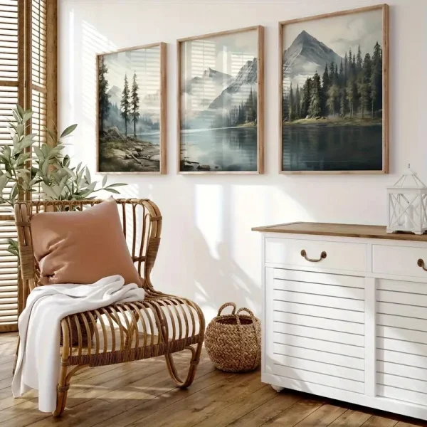 3Pcs/Set Modern Green Landscape Retro Watercolor Mountain Lake Wall Art Oil Painting Canvas