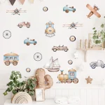 Watercolor Cartoon Airplane Train Wall Stickers