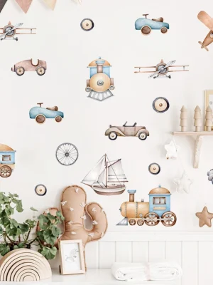 Watercolor Cartoon Airplane Train Wall Stickers