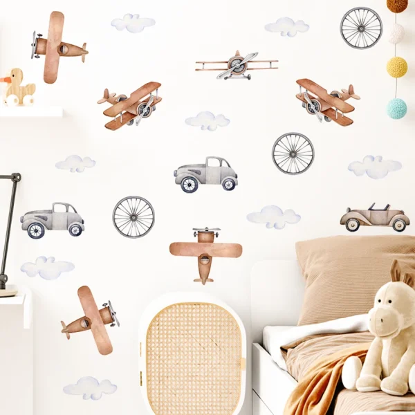 Watercolor Cartoon Airplane Train Wall Stickers