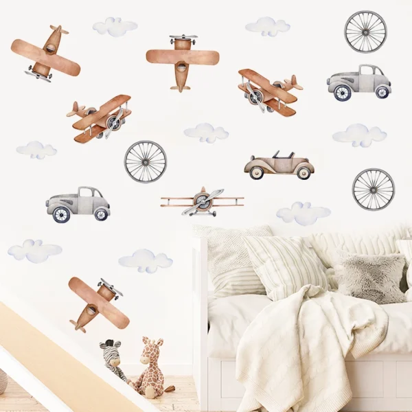 Watercolor Cartoon Airplane Train Wall Stickers