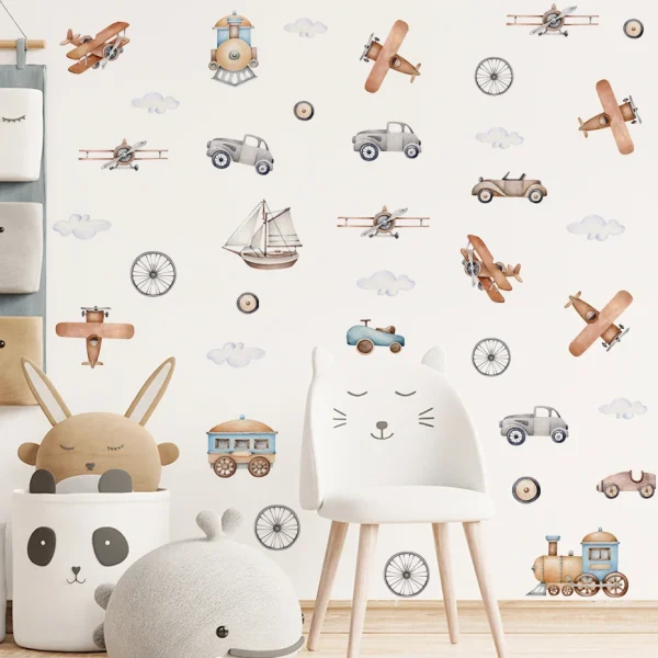 Watercolor Cartoon Airplane Train Wall Stickers