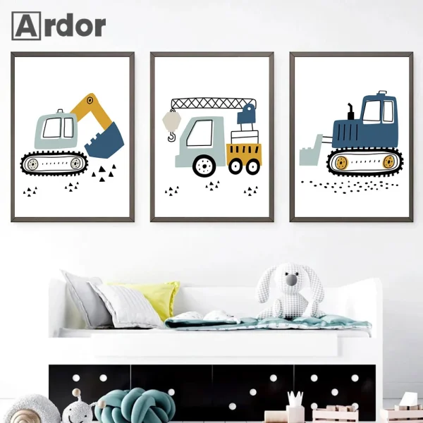 Cartoon Crane Excavator Tractor Truck Wall Art Canvas Painting