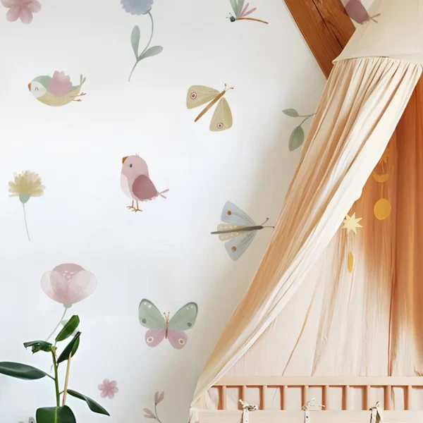 Pink Butterfly Flowers Birds Wall Stickers