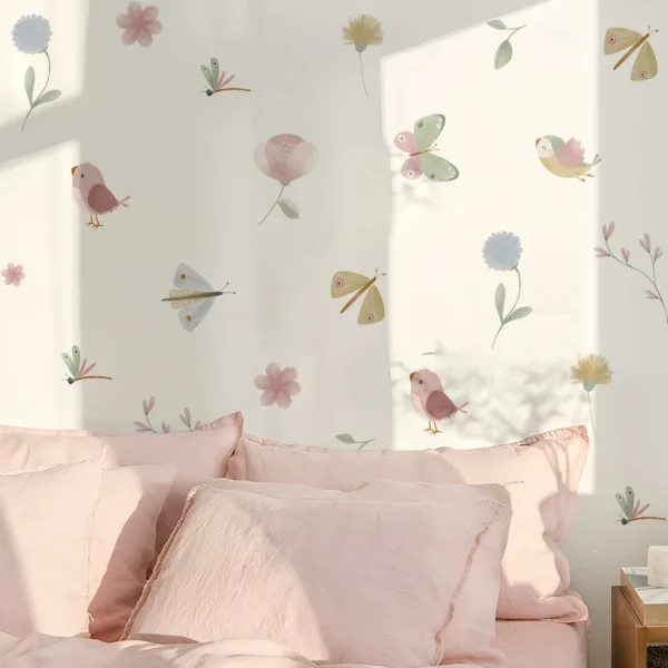 Pink Butterfly Flowers Birds Wall Stickers