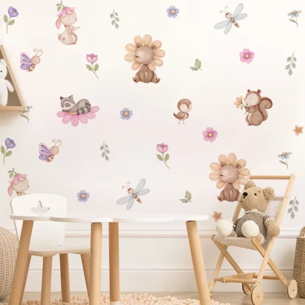 Cartoon Bear Rabbit Animal Flowers Removable Wall Stickers