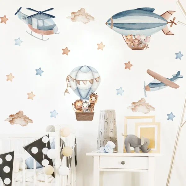 Watercolor Animals Hot Air Balloon Clouds Wall Stickers