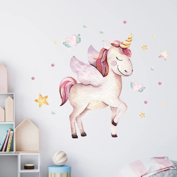 Cartoon Cute Unicorn Heart with Wings Animal Wall Stickers