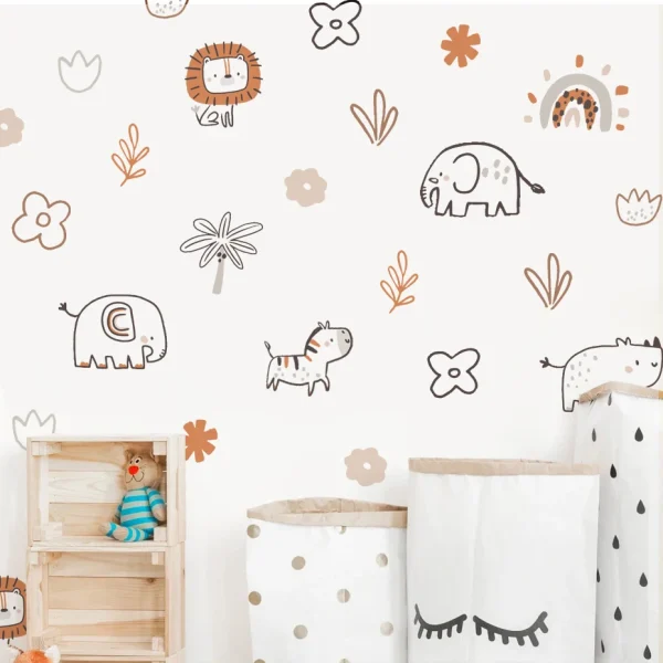 Boho Cartoon Lion Elephant Cute Animal Faces Watercolor Nursery Wall Sticker