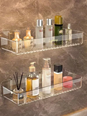 Bathroom White Shelf Rack Wall-mounted Washbasin No-punch Washroom Wall Mounted Cosmetic Storage Transparent Shelf Organiser