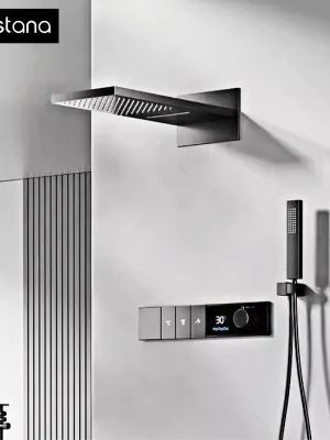 Luksuriøst dusjsystem i gunmetal messing, termostat, LED-display, regn- og hånddusj, veggmontert.
