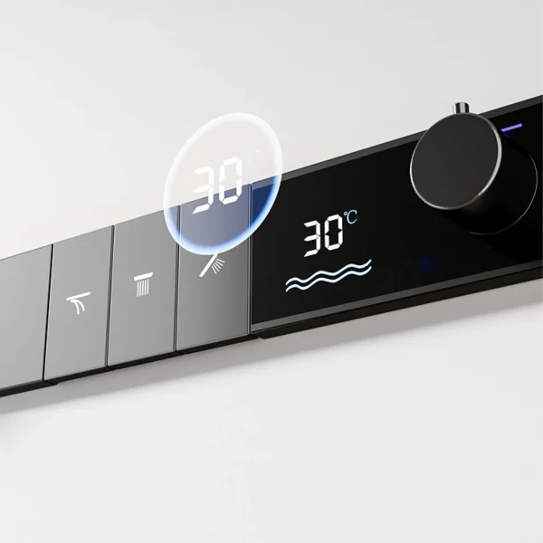 Luksuriøst dusjsystem i gunmetal messing, termostat, LED-display, regn- og hånddusj, veggmontert.