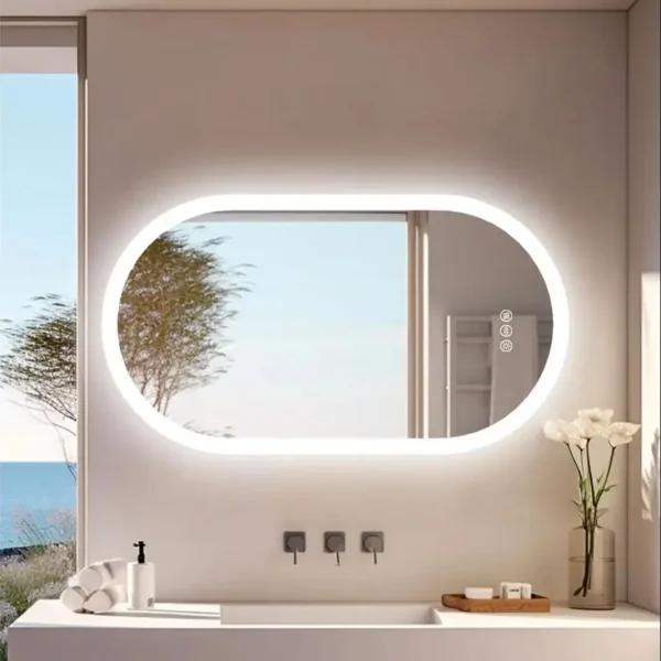 Oval LED Baderomsspeil med Dimbar 3 Farger og Smart Anti-Dugg