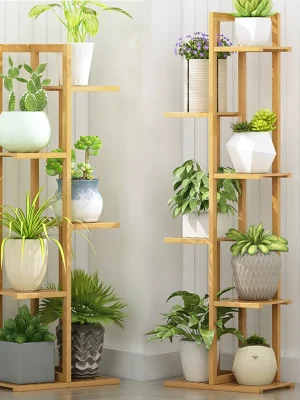 Bambus Plantehylle med 6/7 Potter – Vertikal Blomsterreol for Hjørne, Inne og Ute