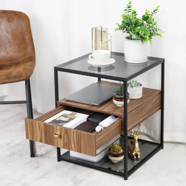 Moderne Glass Sofa Sidebord med Skuff - 3 Tier Oppbevaring
