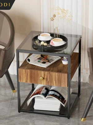 Moderne Glass Sofa Sidebord med Skuff - 3 Tier Oppbevaring