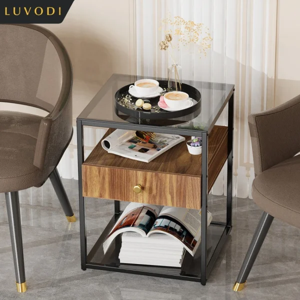 Moderne Glass Sofa Sidebord med Skuff - 3 Tier Oppbevaring