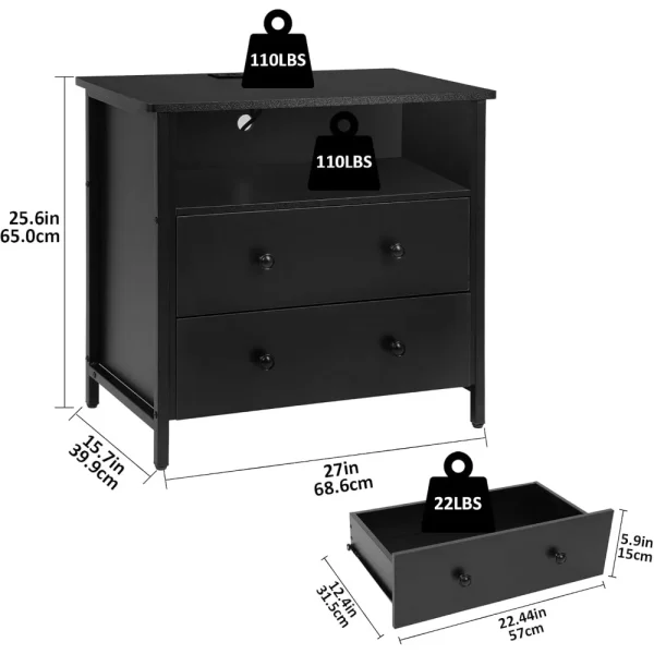 27" bredt nattbord i tre med LED-lys, 2 skuffer og ladestasjon