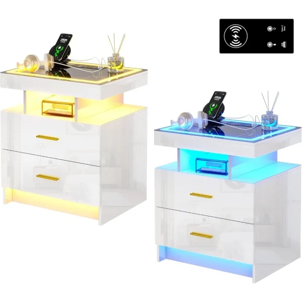 LED Bedside Table with Wireless Charging Station,  Smart Nightstand Glass Top,  High Gloss Sofa Side End Table