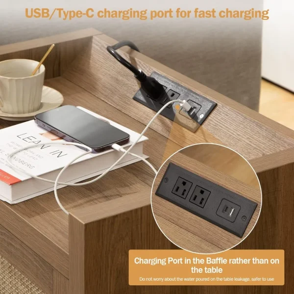Rattan Nightstand End Table - Night Stand Bedside Table with Type-C Charging Station,  Boho Night Stands for Bedroom