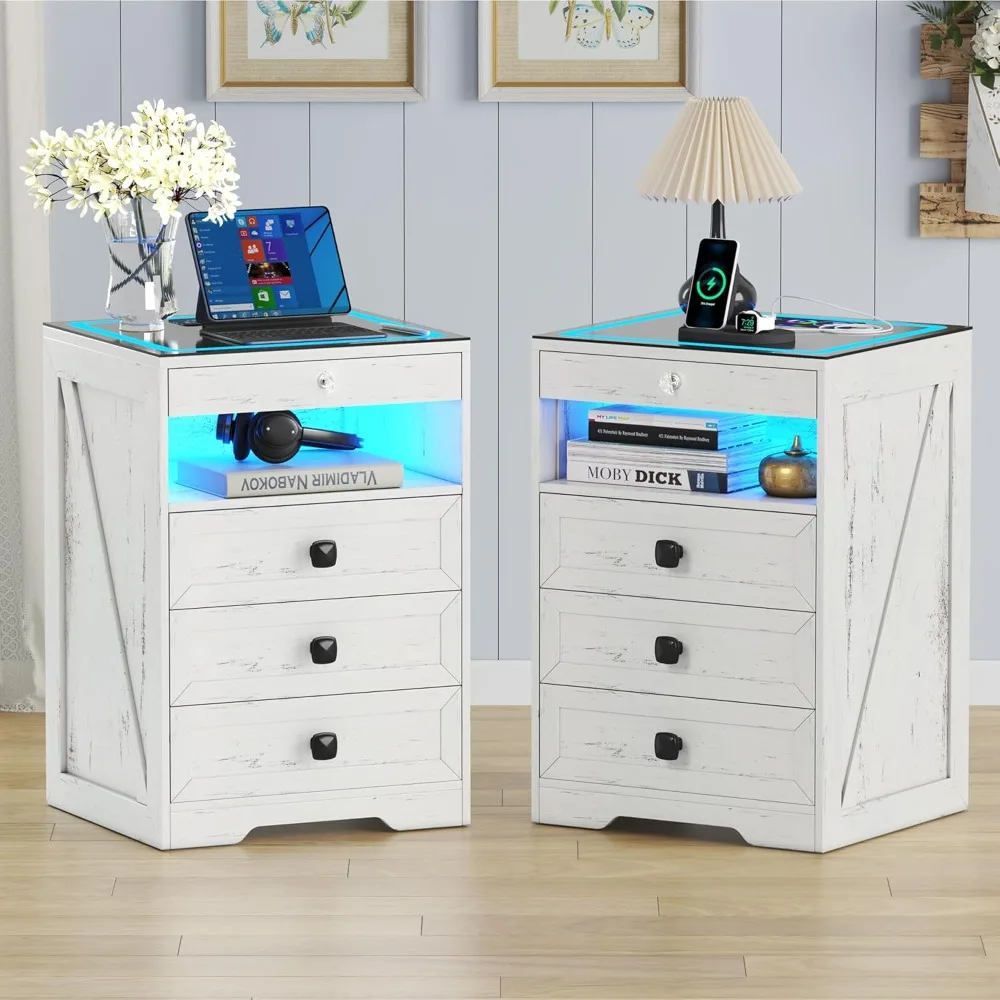Bedside Table with Hidden Drawer,  Glass Top Bedside Table with Wireless Charger Station,   Modern End Table