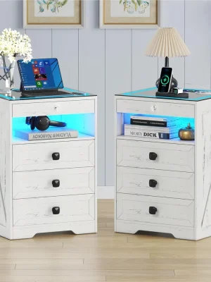Bedside Table with Hidden Drawer,  Glass Top Bedside Table with Wireless Charger Station,   Modern End Table