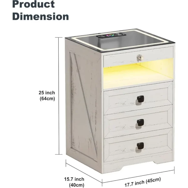 Bedside Table with Hidden Drawer,  Glass Top Bedside Table with Wireless Charger Station,   Modern End Table