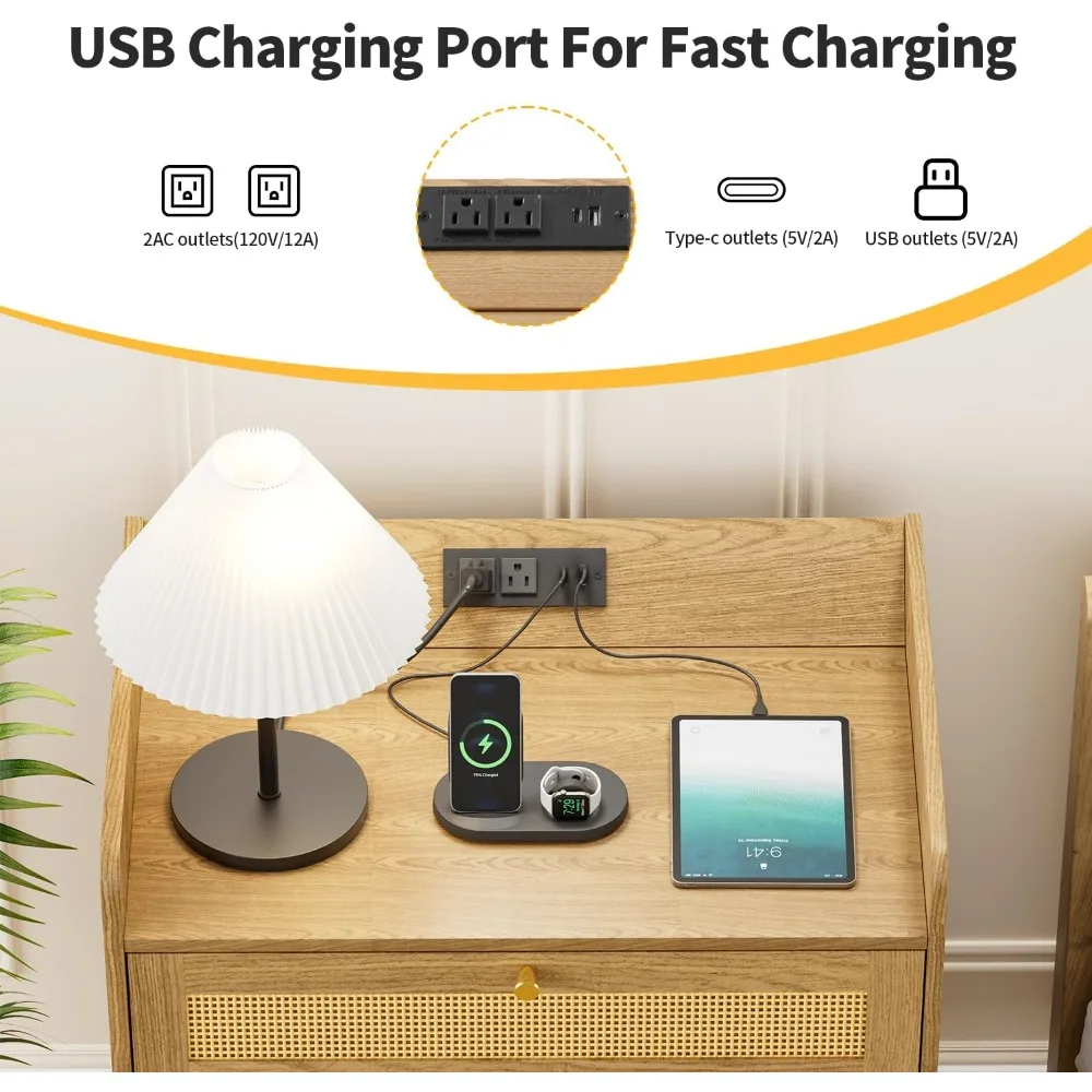 Rattannattbord med ladestasjon – 3-skuffers kommode med USB og stikkontakter
