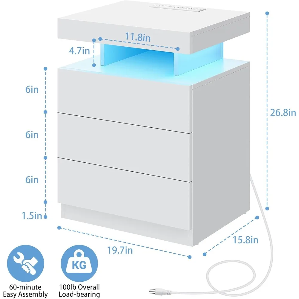 LED-nattbord med trådløs lading og USB – høyglans smart nattbord med justerbart lys