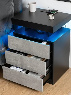 LED-nattbord med trådløs lading og USB – høyglans smart nattbord med justerbart lys