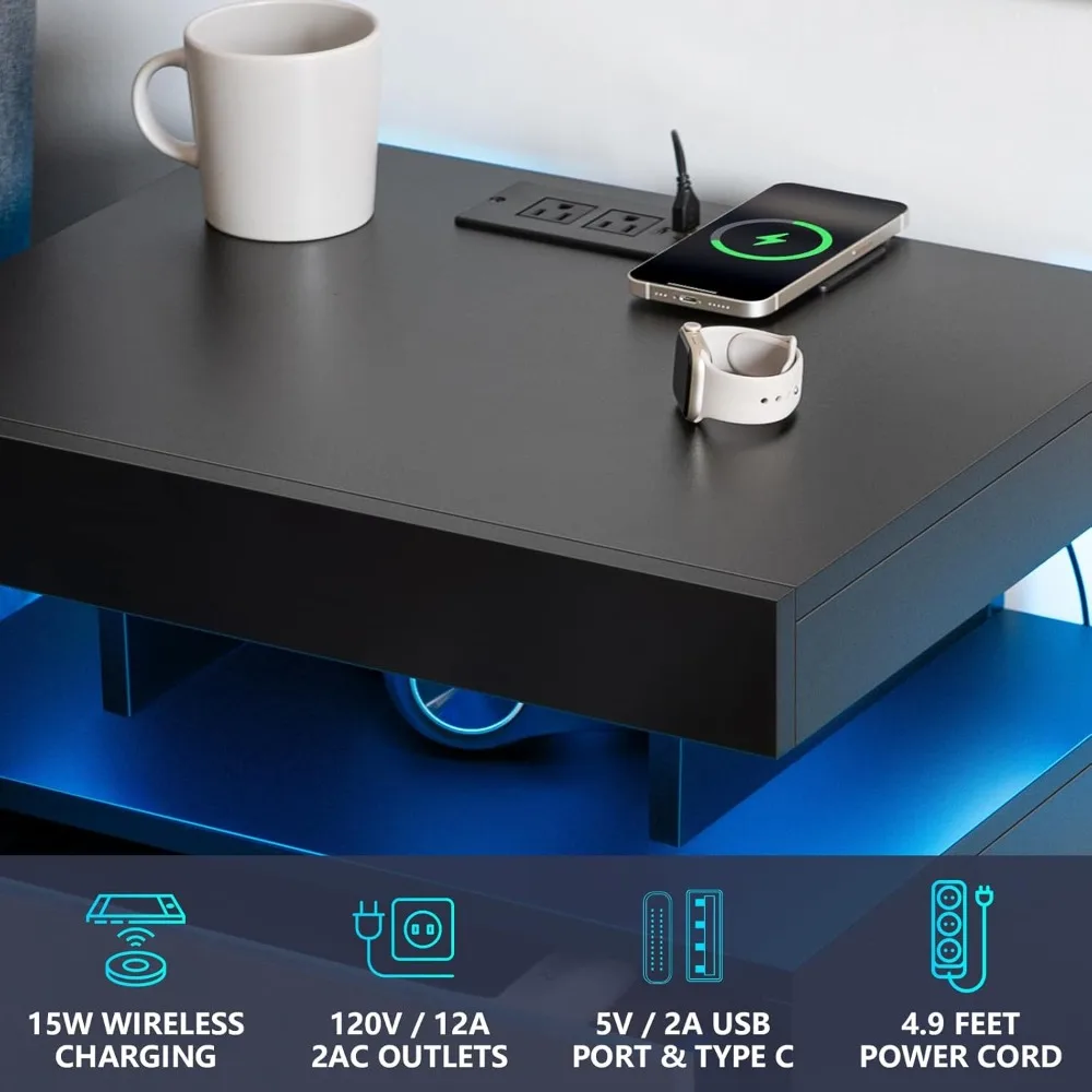 LED-nattbord med trådløs lading og USB – høyglans smart nattbord med justerbart lys