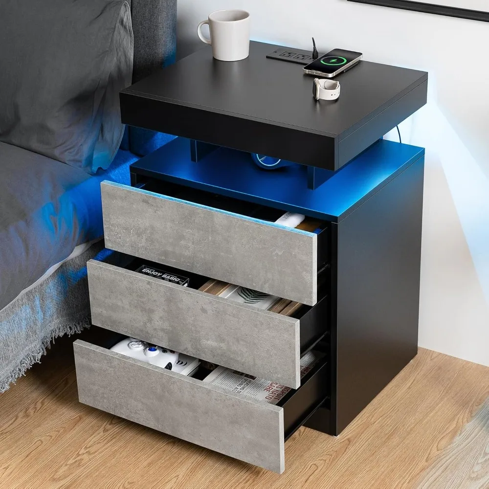 LED-nattbord med trådløs lading og USB – høyglans smart nattbord med justerbart lys