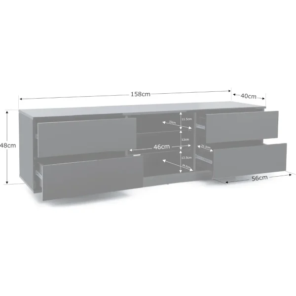 AVITUS ULTRA Remote Friendly BeamThru Gloss Black with 4-Walnut Drawers 32"-65" Flat Screen TV Cabinet