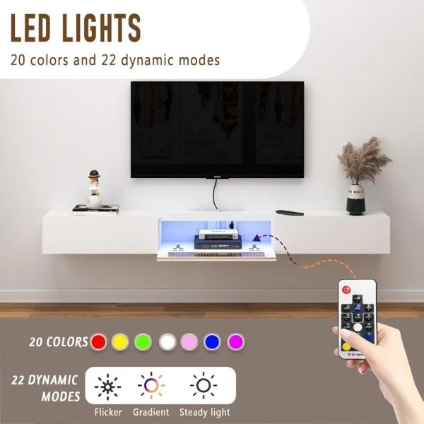 Floating TV Stand with LED Lights ,Wooden Entertainment Media Console Center Large Storage Shelf Under TV
