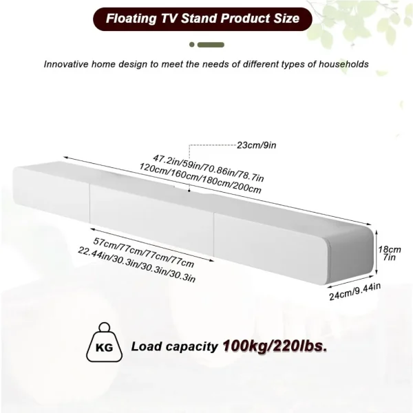 Solid Wood Floating Unit with 2 drawer 120cm Modern Wall-Mounted Cabinet  with Storage for Living Room, Bedroom