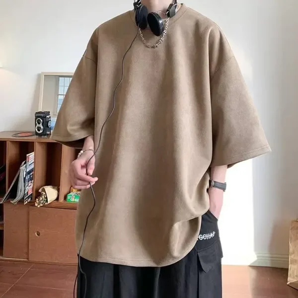 Men's Heavyweight Suede Tee - Oversized Five-Quarter Sleeve
