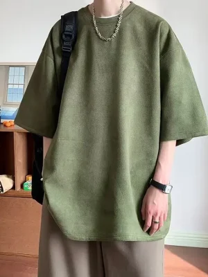 Men's Heavyweight Suede Tee - Oversized Five-Quarter Sleeve