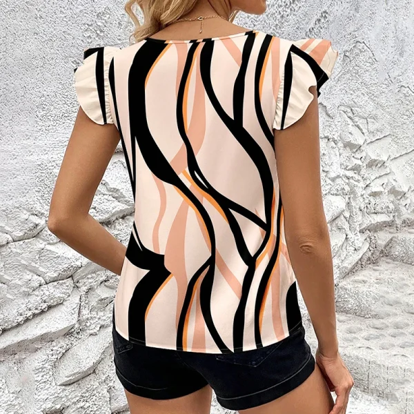 Women's Striped V-Neck Shirt with Lace Sleeves - Summer Casual