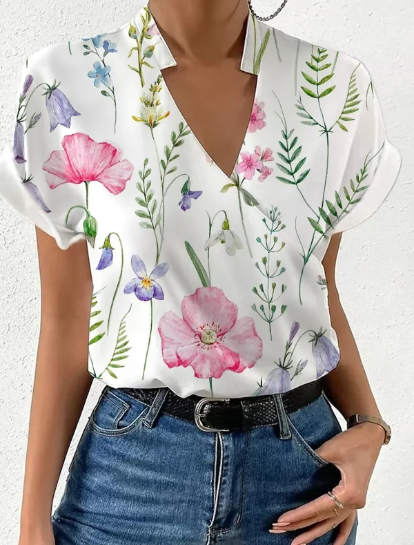 Elegant Blouse Printed Short Sleeve Shirts 2024 Summer Office Lady Cross V-Neck Flower Shirt