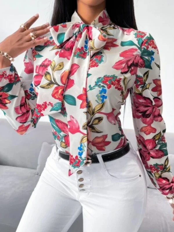 Work Clothes Floral Print Bow Tie Shirt
