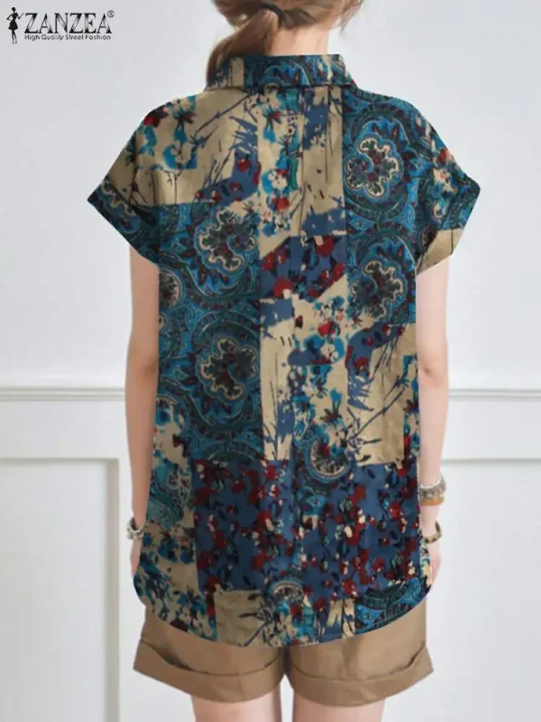 Women's Vintage Floral Bohemian Blouse - Lapel Short Sleeve