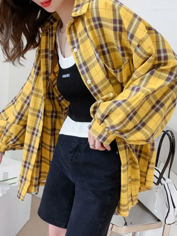 Women's Oversize Plaid Button-Down - Korean Harajuku Style